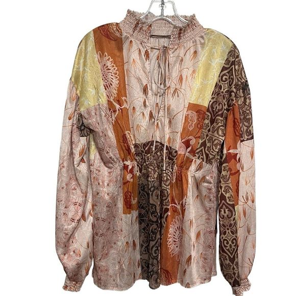 Zara Tops - Zara Patchwork Silky Soft Floral Peasant Peplum Tie Neck Blouse Pink Brown